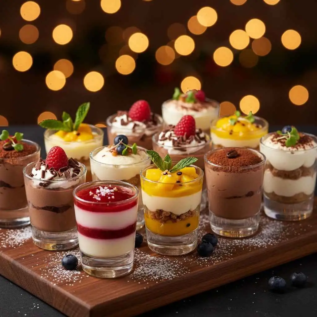 assorted dessert shooters in clear cups
