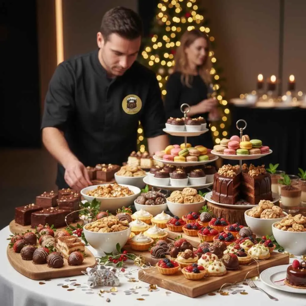 catering team setting up dessert table professionally