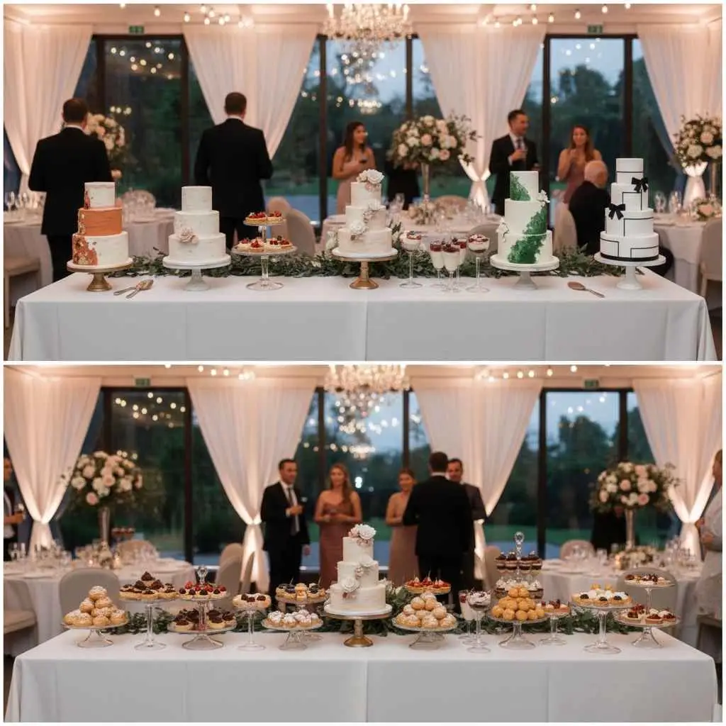 collage of trending wedding cake color themes