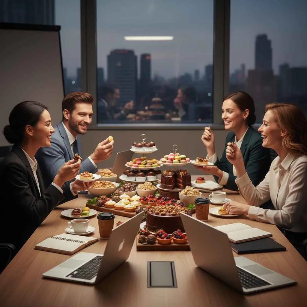 employees enjoying catered desserts during a meeting