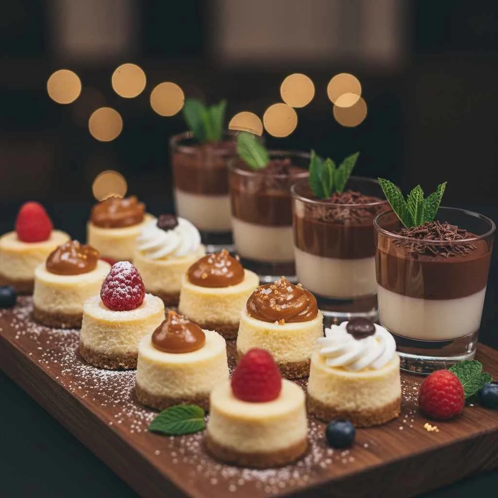 mini cheesecakes and mousse cups arranged professionally
