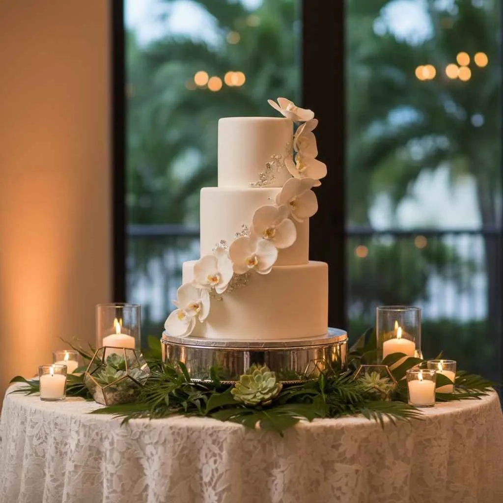 modern Medley wedding cake on a decorated cake table