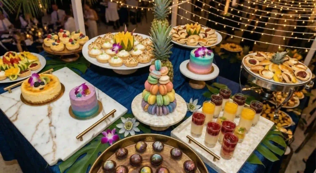 beautifully arranged dessert table with decorative trays and colorful desserts.