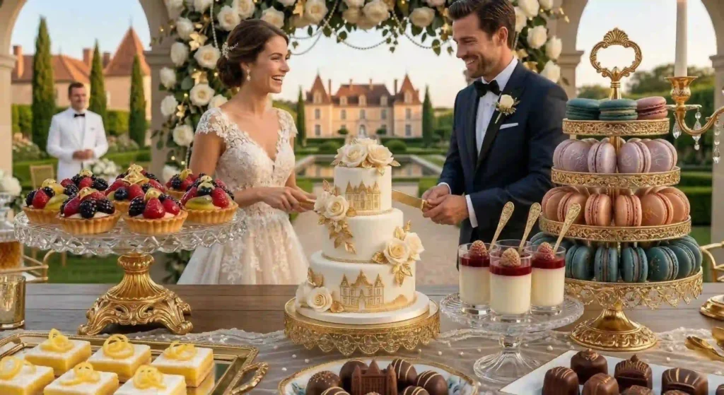 bride and groom cutting cake
