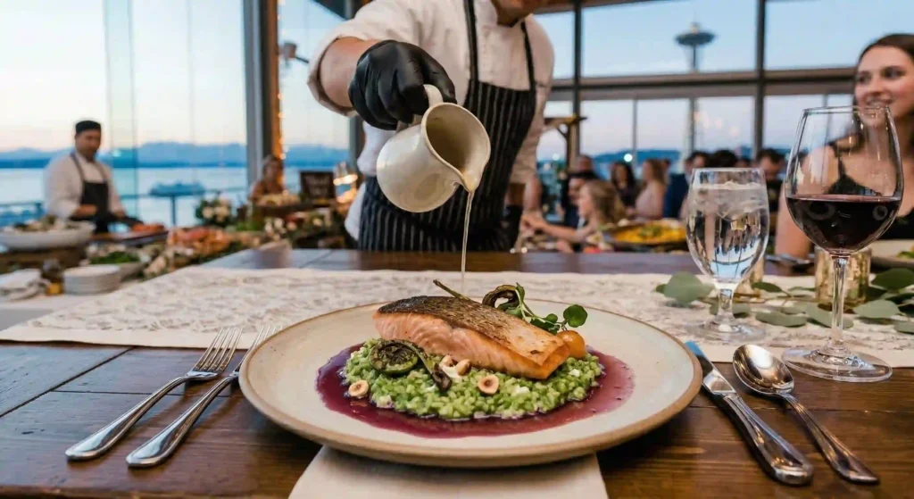 chef-curated wedding plated dinner with seasonal Seattle ingredients.