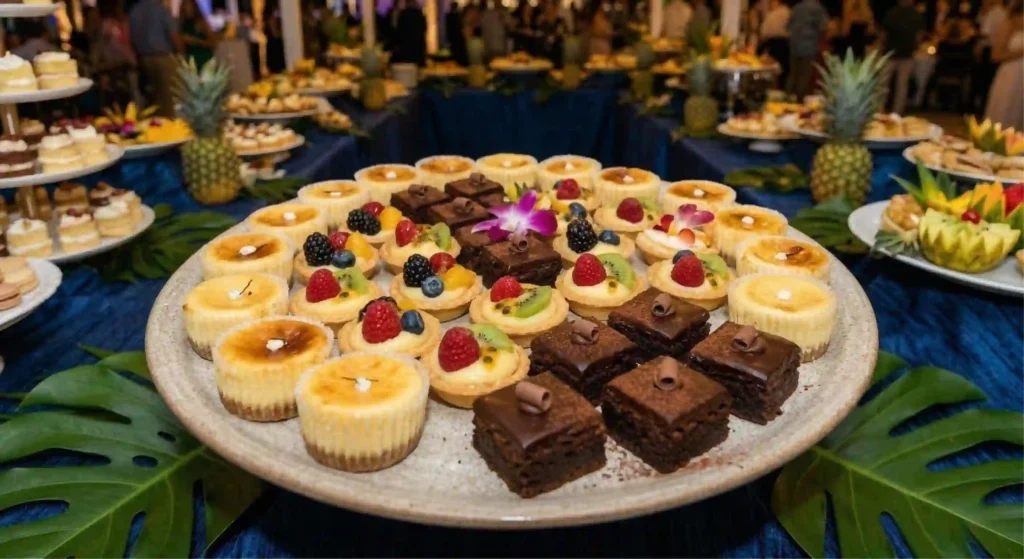 mini cheesecakes, fruit tarts, and brownie bites arranged on a platter.