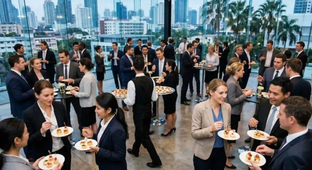 networking event with guests holding small bites